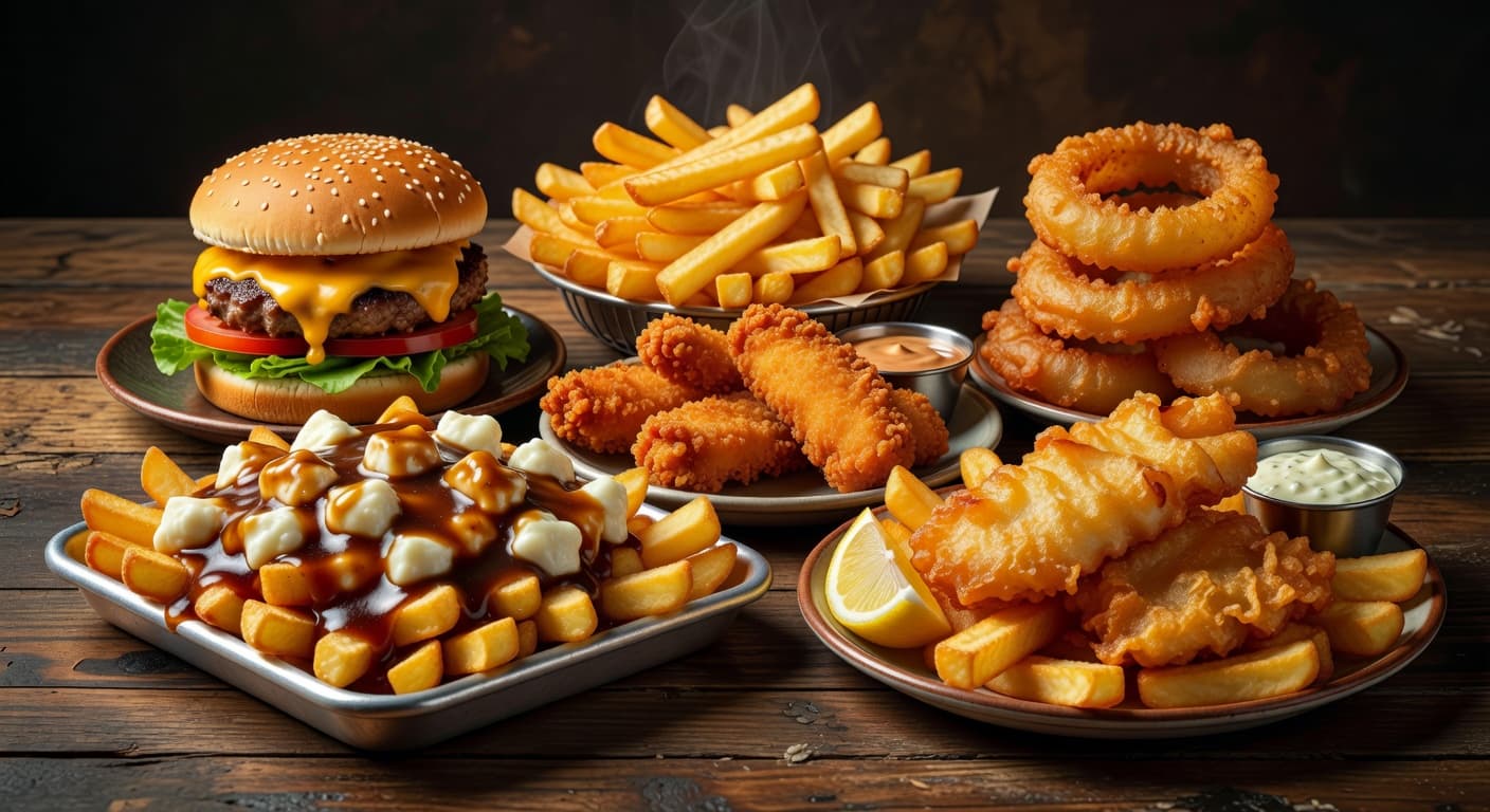 The Stoned Chef food spread — burgers, poutine, fries, fish & chips